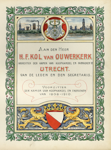 833045 Afbeelding van het door E.H. Houpst te Utrecht geaquarelleerde binnenblad van het herdenkingsalbum, geschonken ...